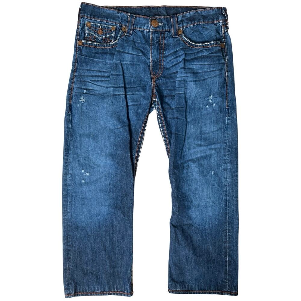 True Religion Men's Ricky Super T Jeans Size 38x28 Medium Wash Distressed Y2K
